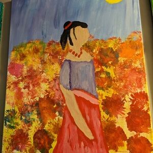 Original painting of a lady enjoying the flowers